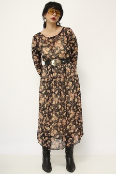 Vestido floral longo estampado preto marrom - loja online