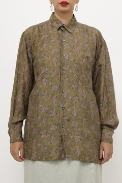 Camisa 100% seda estampa verde manga longa - loja online