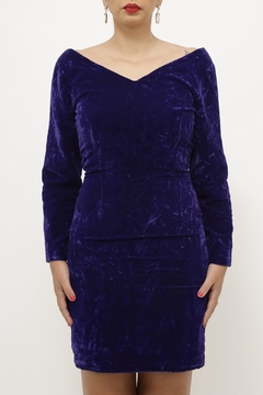 Vestido de veludo vintage azul ombreira - loja online