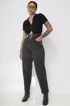 Calça cintura alta preta jeans bag vintage na internet