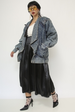 Jaqueta jeans recorte em couro rebite - comprar online