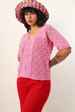 Blusa tricot crochet rosa vintage
