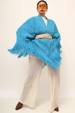 Poncho manta azul franjas vintage - loja online