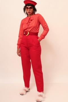 Calça cintura alta vermelha vintage estilo linho - Capichó Brechó