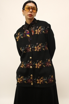 Colete tricot preto flores vintage na internet
