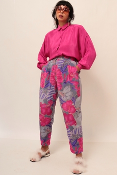 Calça estampada rosa vintage cintura alta flores