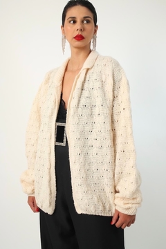 Cardigan tricot off textura fofo vintage