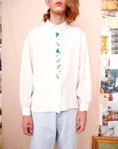 Camisa poliéster bordada botão forrado manga bufante na internet