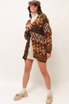 Cardigan tricot marrom estampa geométrica - Capichó Brechó