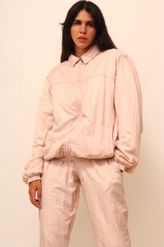 Conjunto rosa de nylon calça + jaqueta vintage na internet
