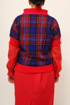 Blusa tricot xadrez azul com vermelho na internet