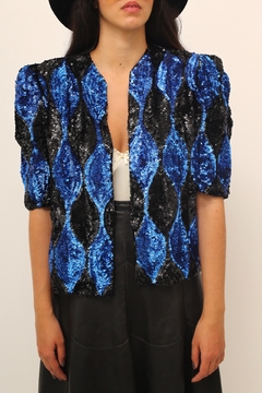 Blusa paete azul e preto ombreira vintage - loja online