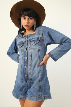 macaquinho jeans acinturado manga longa - loja online