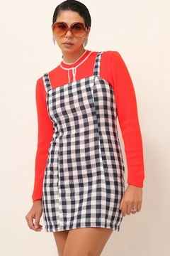 vestido xadrez azul curto vintage - loja online