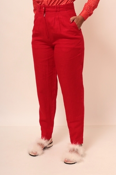 Calça cintura alta vermelha vintage estilo linho - comprar online