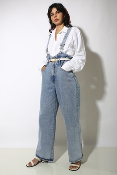 Macacão jardineira jeans grosso vintage pantalona - comprar online