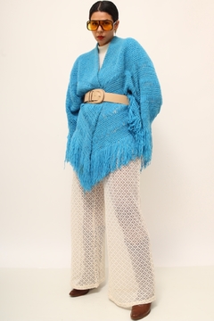 Poncho manta azul franjas vintage - comprar online