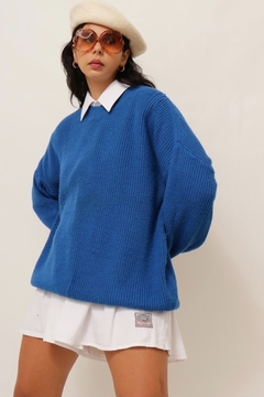 Pulover azul tricot litras colege vermelho barra