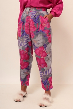 Calça estampada rosa vintage cintura alta flores - loja online