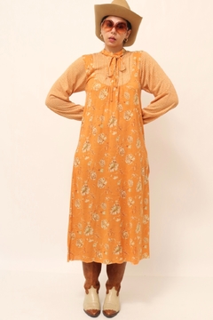 Vestido laranja floral gravata 70´s vintage - Capichó Brechó