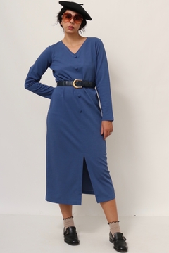 Vestido azul classico fenda frente botões - comprar online