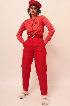 Calça cintura alta vermelha vintage estilo linho