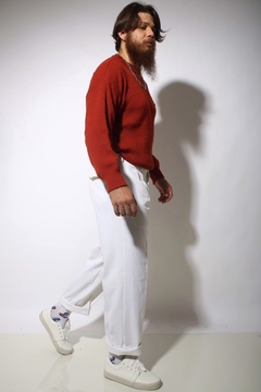 Calça poliéster com viscose branca cintura alta - Capichó Brechó