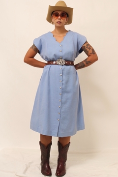 Vestido azul amplo vintage 100% linho - loja online