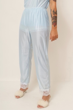 Conjunto azul calça + blusa detalhe renda pijama