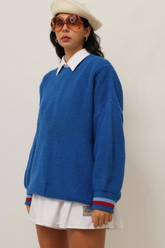 Pulover azul tricot litras colege vermelho barra na internet
