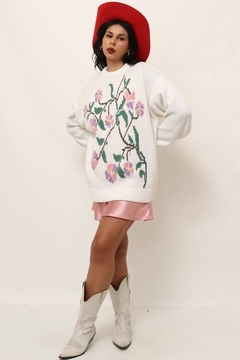 Tricot alongado branco flores frente vintage 90´s - loja online