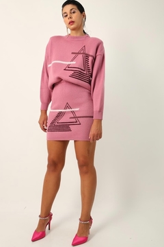 Conjunto Saia + Blusa ombreira rosa vintage - loja online