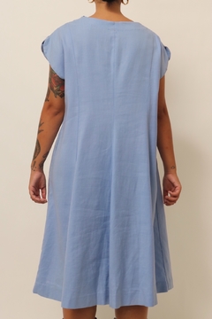 Vestido azul amplo vintage 100% linho - comprar online