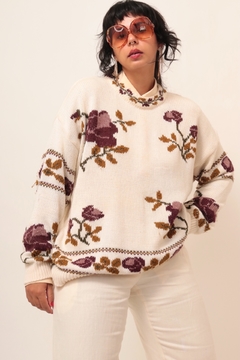 Pulover flores vintage tricot creme - loja online