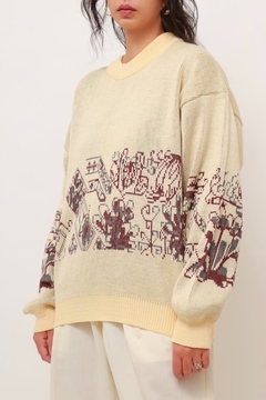 pulover creme estampa roxinha vintage - loja online