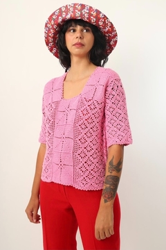 Blusa tricot crochet rosa vintage - loja online