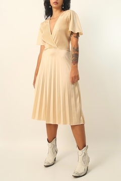 vestido dourado plissado midi vintage - comprar online