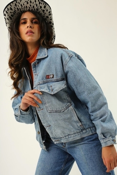 Jaqueta cropped jeans forro xadrez - comprar online