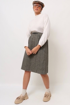 Saia cintura alta lã cinza com preto recorte couro (atelie parisiense) - loja online