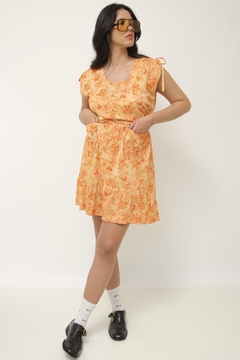 Vestido laranja curto tira amarração vintage