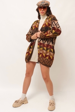 Cardigan tricot marrom estampa geométrica - loja online