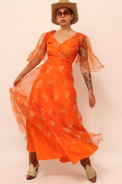 Vestido laranja fuido floral manga vintage - loja online