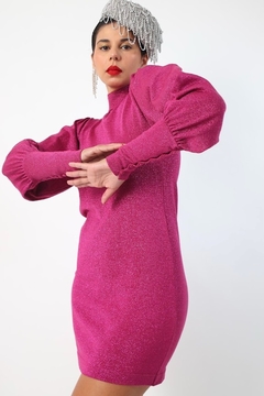 vestido rosa lurex gola alta manga bufante na internet