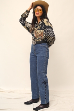 Calça jeans cintura alta western trançado couro barra - comprar online