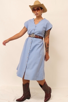 Vestido azul amplo vintage 100% linho - comprar online