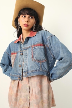 Jaqueta jeans cropped recorte veludo rosa - loja online