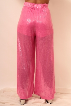 Calça pantalona cintura alta paete brilho rosa - comprar online