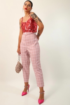 Calça xadrez rosa cintura alta vintage - comprar online