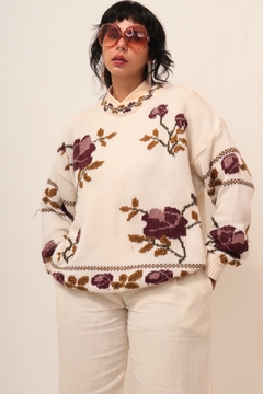 Pulover flores vintage tricot creme