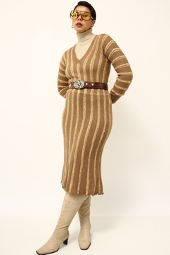 Vestido tricot camelo decote V manga comprida - loja online